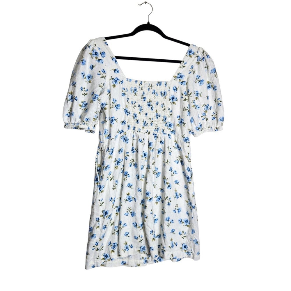 Old Navy Women White Blue Floral Linen Blend Puff Sleeve Button Mini Dress M